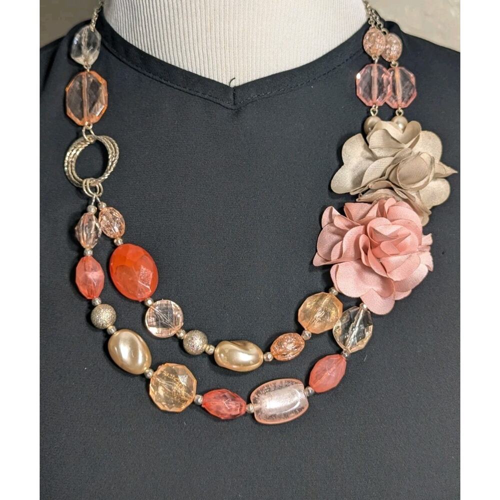 Vintage 2 Strand Multi Bead Light Pink 3D Flower Silver Tone Necklace NY